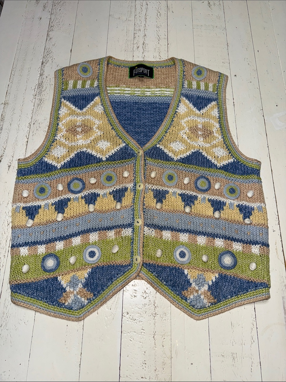 90s vintage multi-color patterned knit vest from the brand Flosport Cottagecore